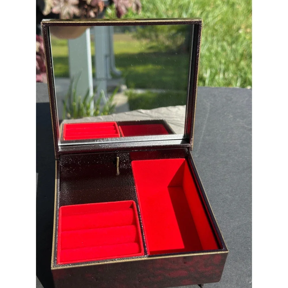 Vintage Japanese Music Jewelry Box Mt Fuji Chokin Art Red Velvet Mirror J-233